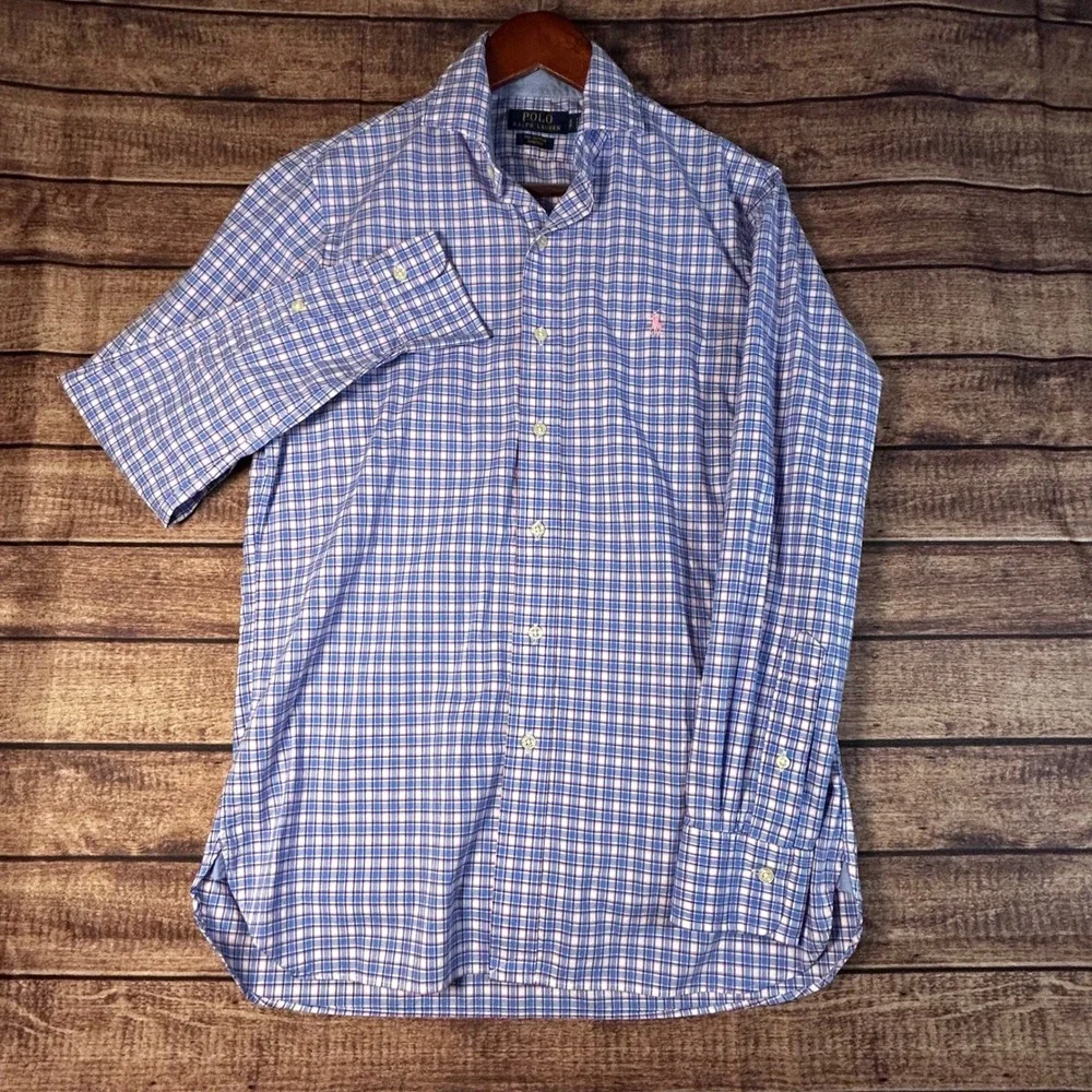 Polo Ralph Lauren Mens Slim Fit Plaid Button Down Shirt Blue Pink White Small